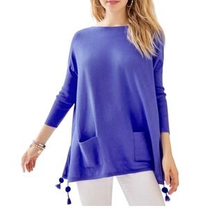 Lilly Pulitzer Blue Tassel Hem Sweater Small Coolmax Cotton Blend Pockets